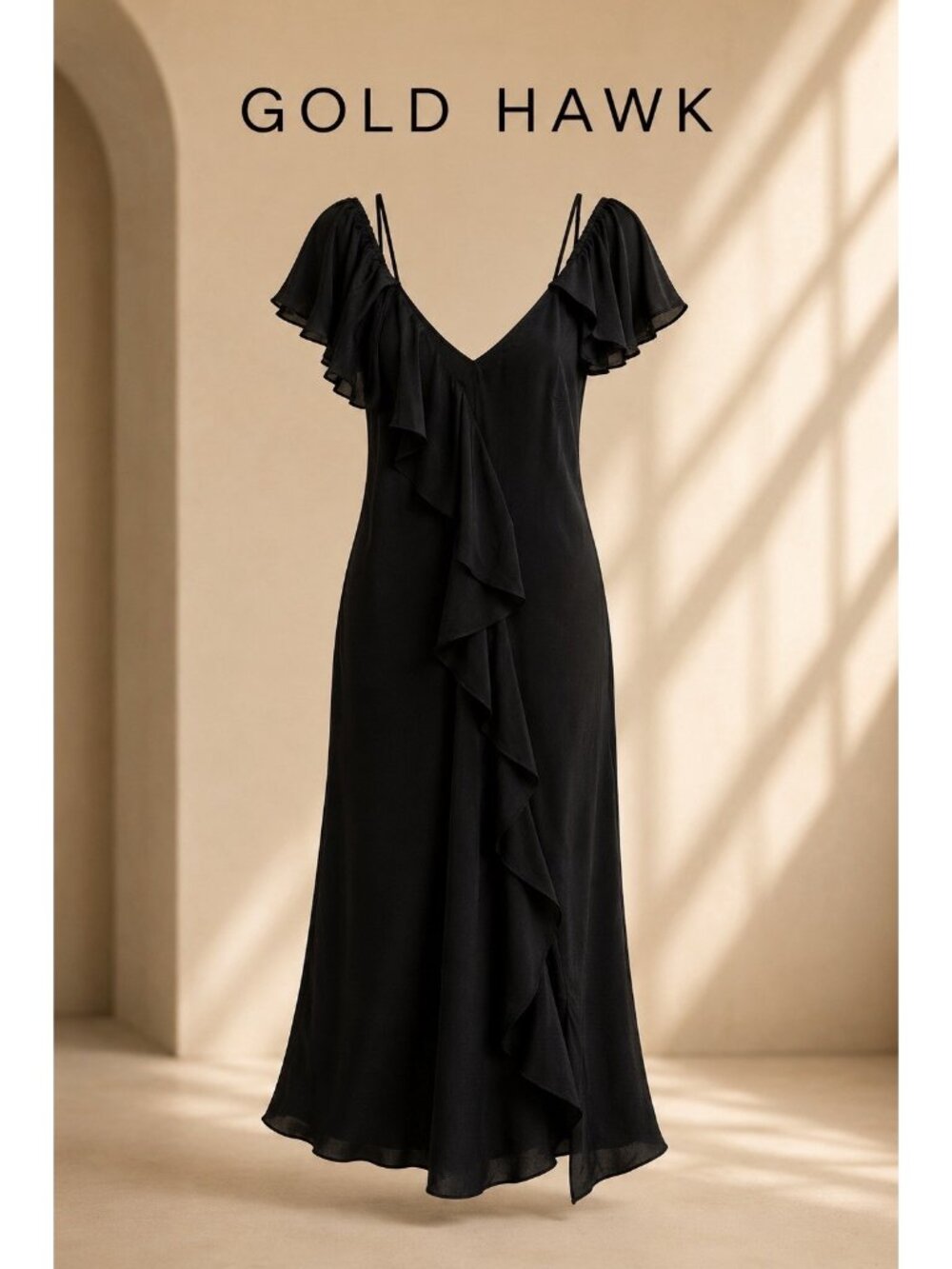 Gold Hawk Black Silk Ruffle Midi Dress Flutter Sleeve Slip Dress Size Small